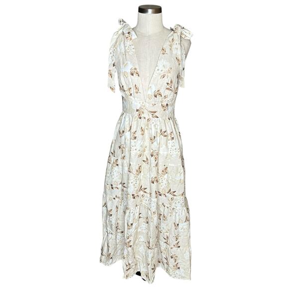HOUSE OF HARLOW 1960 Tan Brown Cream Linen Tiered Midi Dress Floral Women's S - Picture 1 of 8